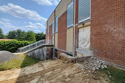 Photo of the outside of the church building during architectural demolition