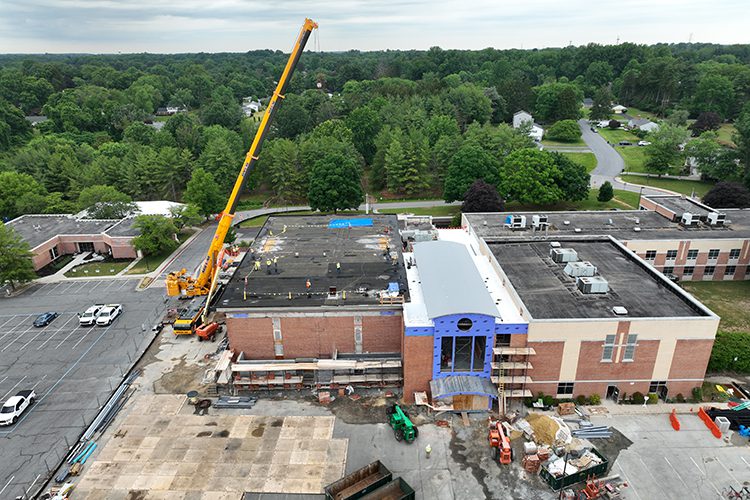 Aerial photo during the roof tee removal at Church of the Resurrection